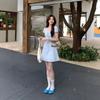 [Soft blue and one water] High-intelligence lace splicing fake two-piece temperament waist dress knitted fabric
