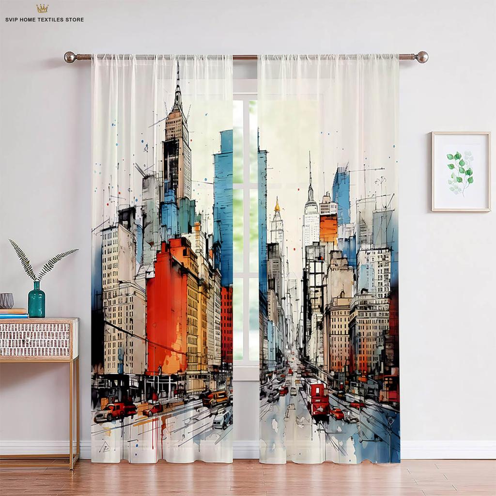 3D City Building Scenery Printing Window, Bedroom, Living Room, Kitchen Curtain, Home Decoration, 2 Pieces