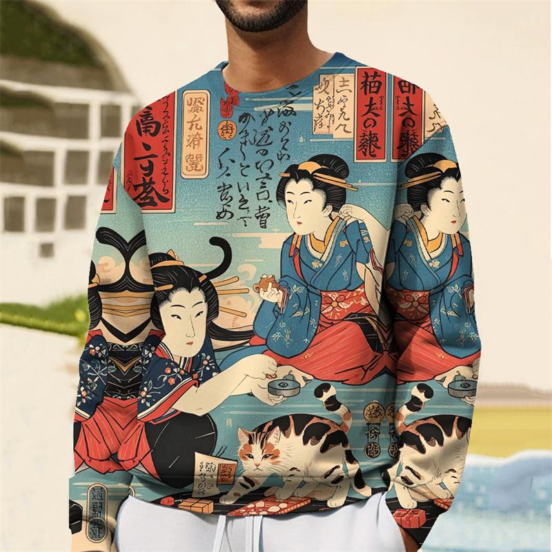 Fashion Japanese Ukiyo-E Graphic Sweatshirt For Men Spring Autumn Trend Long Sleeve 3D Printed Hoodie Casual Streetwear Pullover