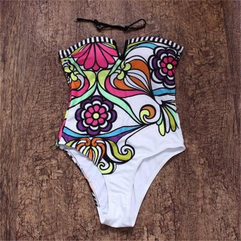 Bohemian Floral Vintage Printed One Piece Sexy Bathing Bikini Suit Summer Women