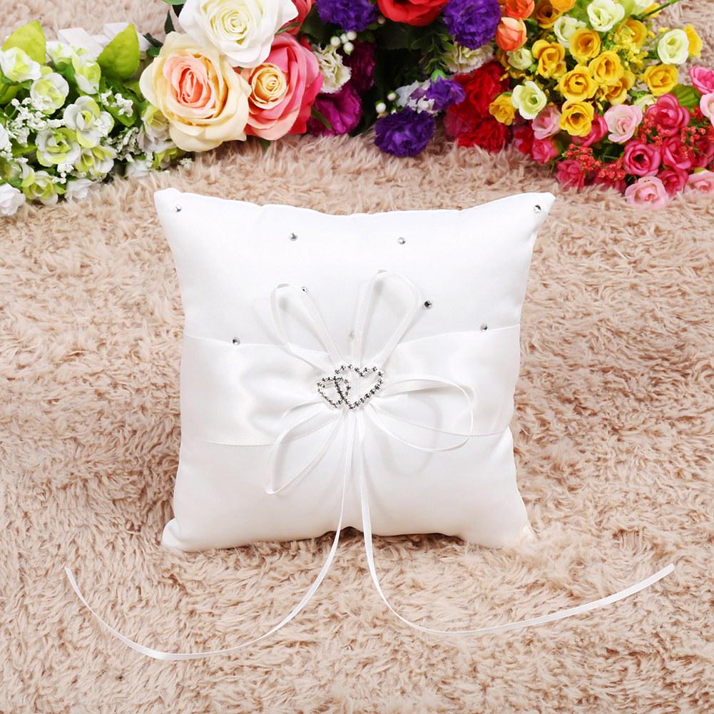 4 Colors Wedding Ring Bearer Holder Pillow Cushion With Bowknot Stain Double Hearts Diamonds