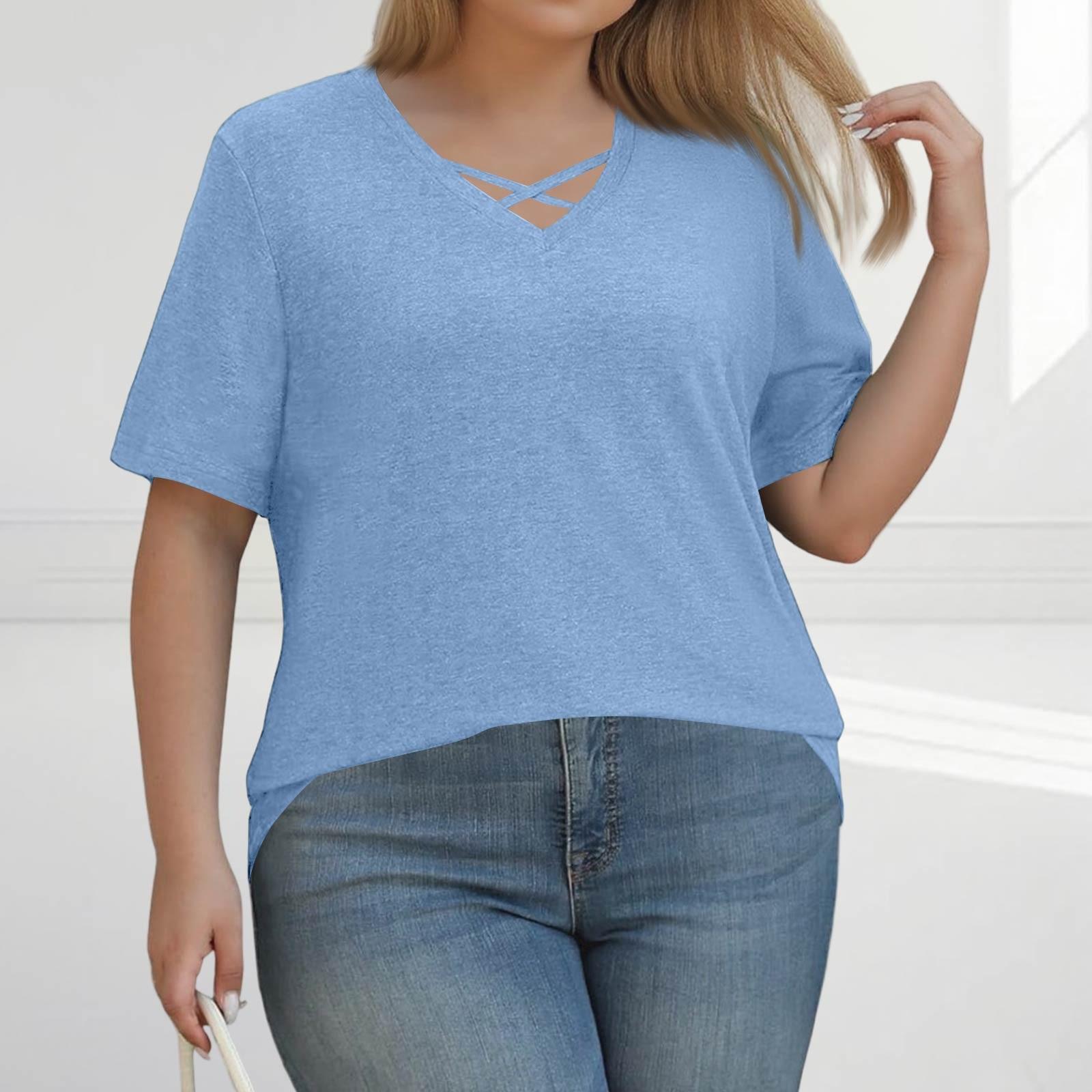 

Женская модная повседневная однотонная футболка с V-образным вырезом и коротким рукавом большого размера XXXL