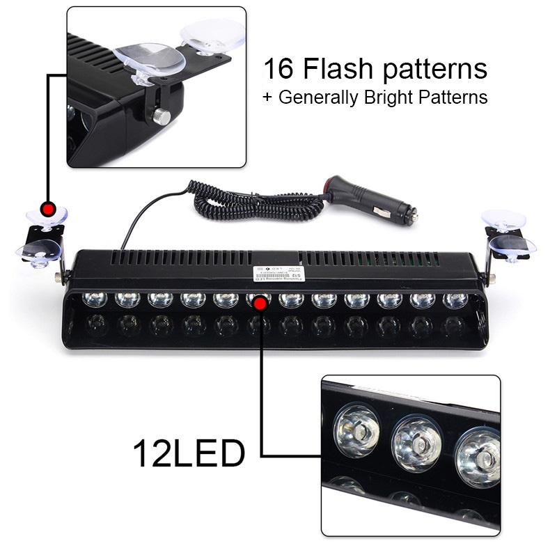 DC 12V 12LED Car Strobe Flash Light Windshield Car Front Gear Sucker Dash Emergency Warning Fog Lamp Red Blue White  Yellow