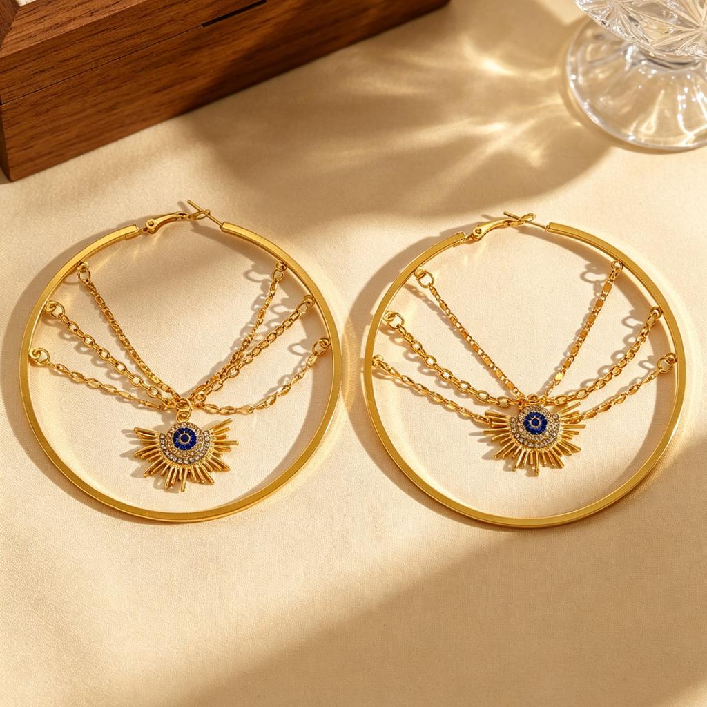 Cross-Border Devil Eye Metal Earrings Women Personalized Sun Hollow Pendant Exquisite Light Luxury Ins Style Ear Jewelry
