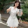 Commuter Style Button Pleated Bubble Sleeve Polo Collar Dress Temperament Women's Summer Solid Color Pleated Short Skirt Export Wholesale