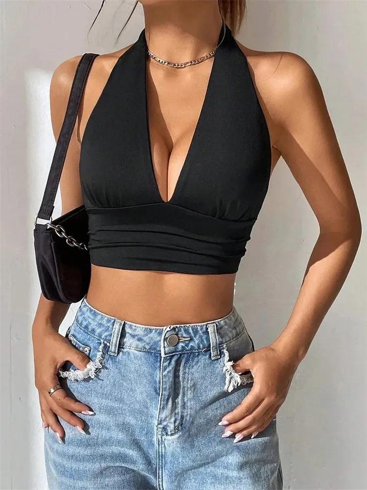 Crop Top Phumee Sleeveless Backless Halter Deep V-neck A2067