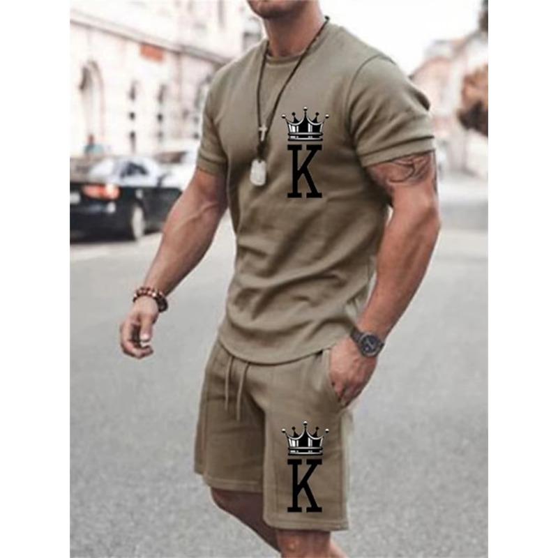 Abito casual da uomo estivo, due pezzi oversize, semplice, casual, streetwear, stampa king, abito da spiaggia, maglietta da uomo, pantaloncini, abbigliamento sportivo