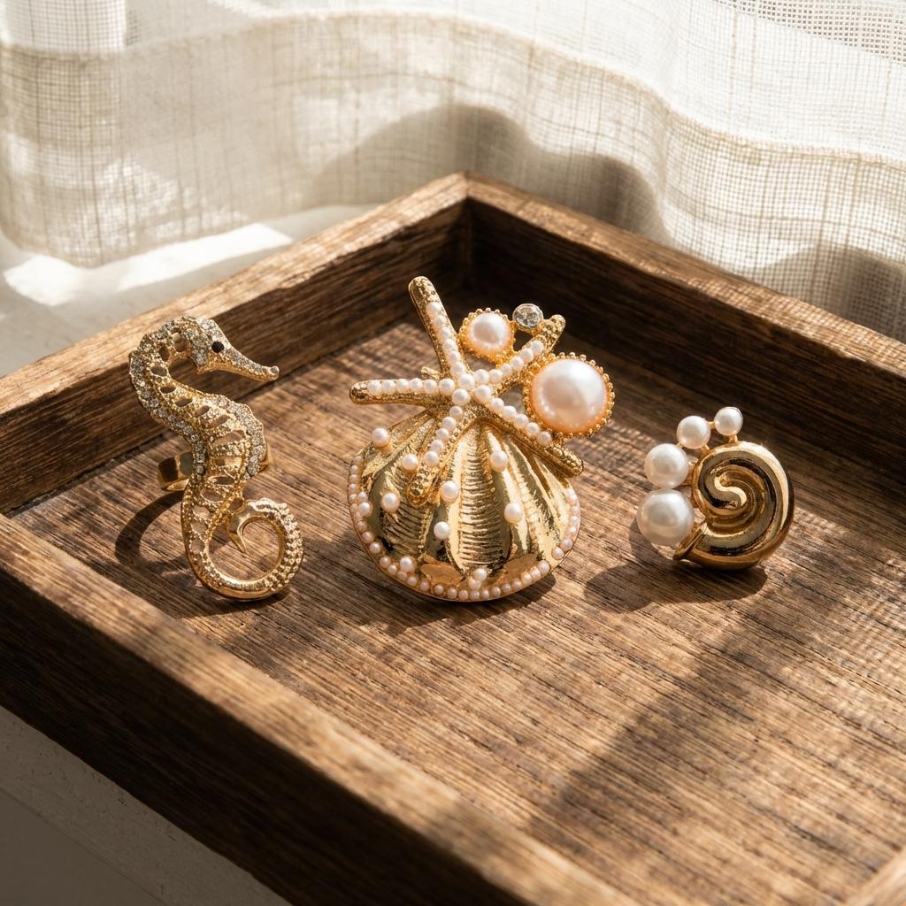 Ocean Style Starfish Seahorse Conch Shell Imitation Pearl Ring 3-Piece Set Creative Exaggerated Beach Vacation Style Ring