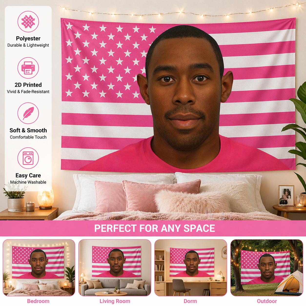 Jmg Household Supplies Pink Aesthetic Us Flag Tapestry With Rapper Face Flat Print Wall Hanging For Dorm Bedroom Decor Funny Room Art Banner