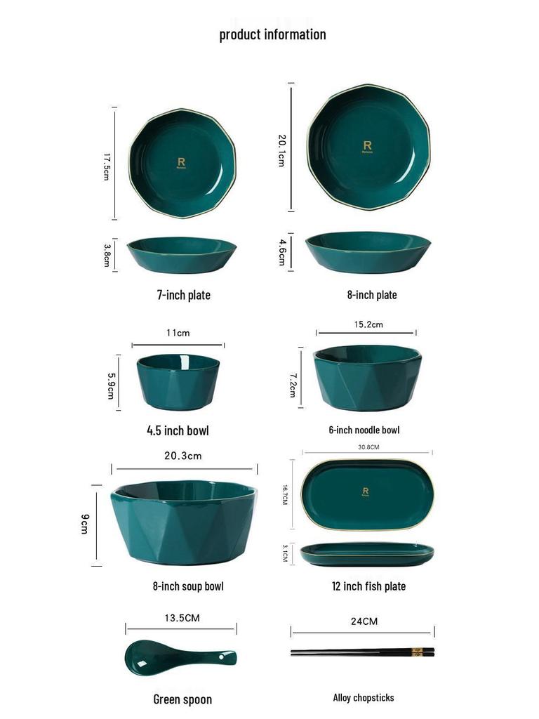 Luxury Peacock Green Tableware Set: Gold-Rimmed Bowl & Plate