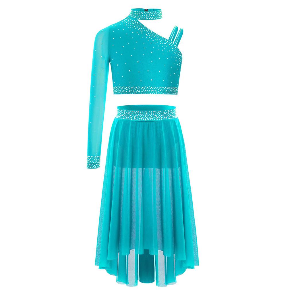 Conjunto de Ropa Lírica para Niñas Crop Top con Pedrería Diseño de Hombro Irregular Falda de Malla con Abertura Lateral