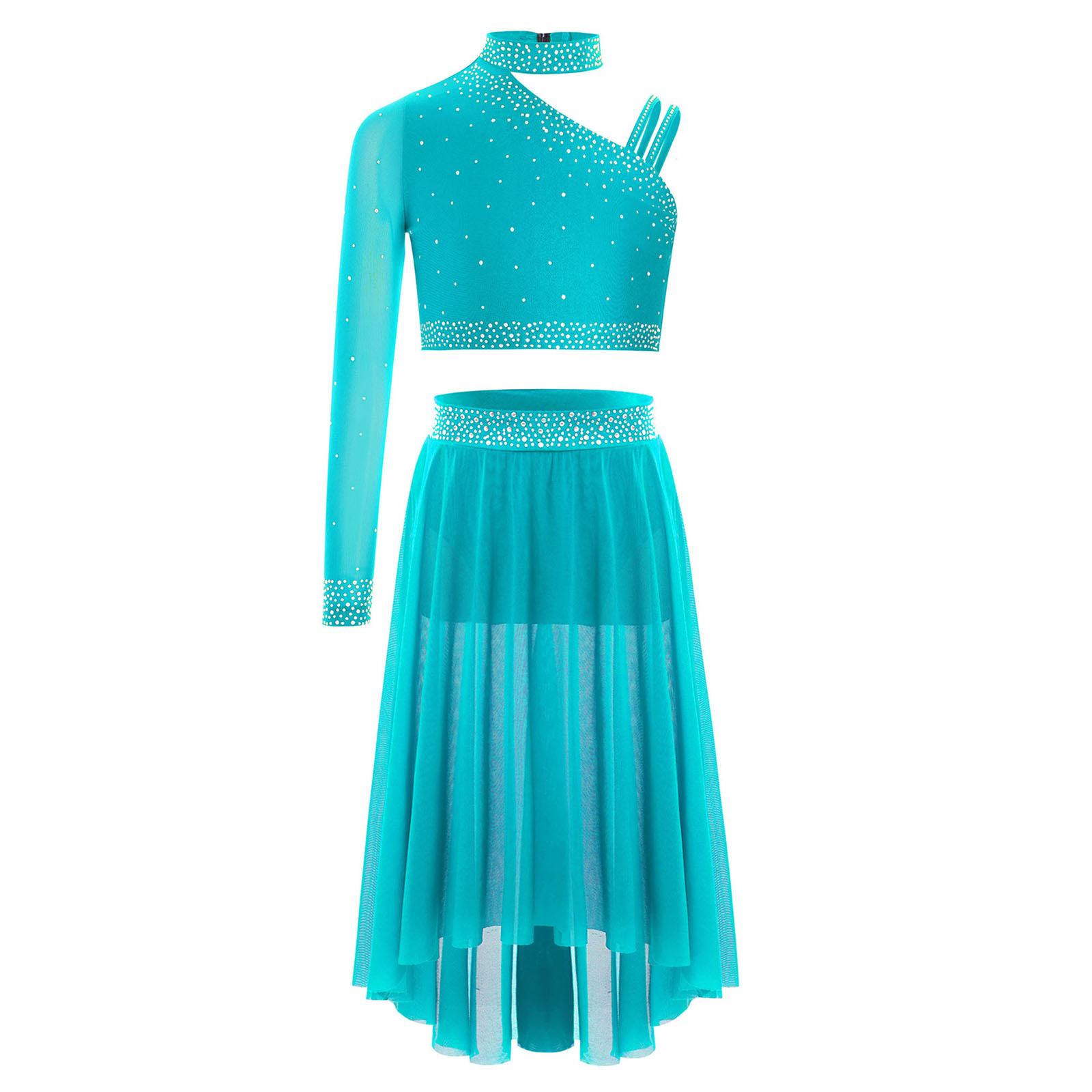 Mädchen Strass Crop Top Unregelmäßiges Schulterdesign Seiten Schlitz High-Low Mesh Rock Lyrisches Outfit Set 11-12 Years türkis