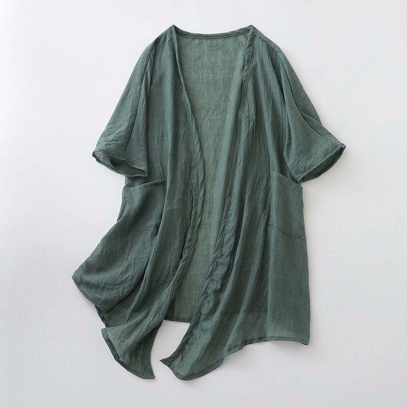 Cotton and Linen Cardigan for Women V-Neck Coat Casual Cardigan Thin Style Ramie Sunscreen Clothing Summer Shirt