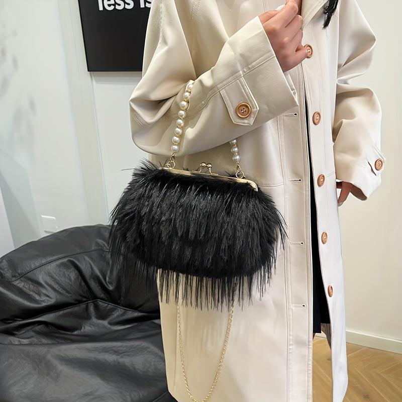 Geantă Satchel Elegantă din Blană Artificială cu Mâner de Perle Geantă de Seară Pufoasă și Moale Portofel de Damă la Modă Geantă de Mână Culoare Solidă cu Închidere Tip Kiss