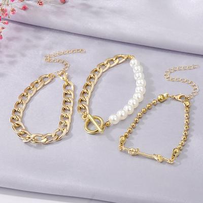 A Gift Imitation Pearl Chain Design 3pcs/set Of Fashion Classic Women's Jewelry For Holidays Stackable Bracelets Suitable For Daily Wear Accessories