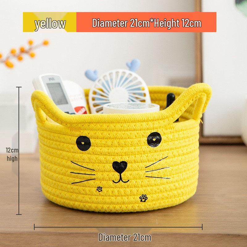 Cartoon Woven Cotton Rope Storage Basket for Cat, Remotes, Sundries, and Cosmetics