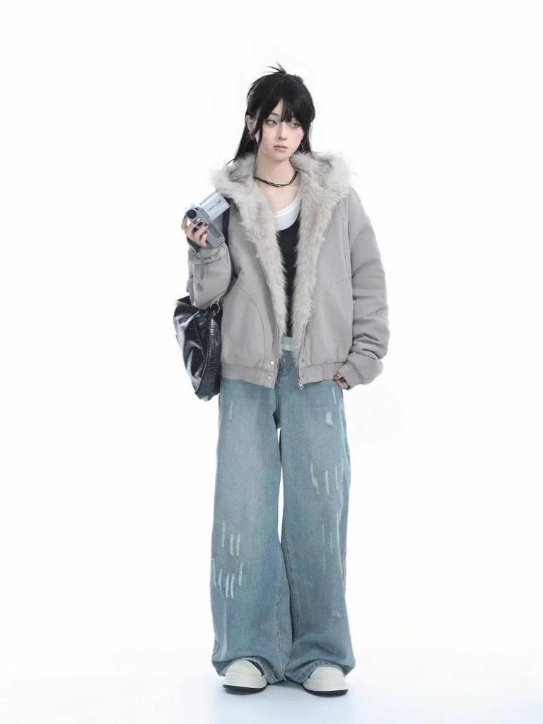 Women's American Retro Mountain Eagle Fur Collar Jacket - Winter Hooded Thick Petite Cotton Coat
