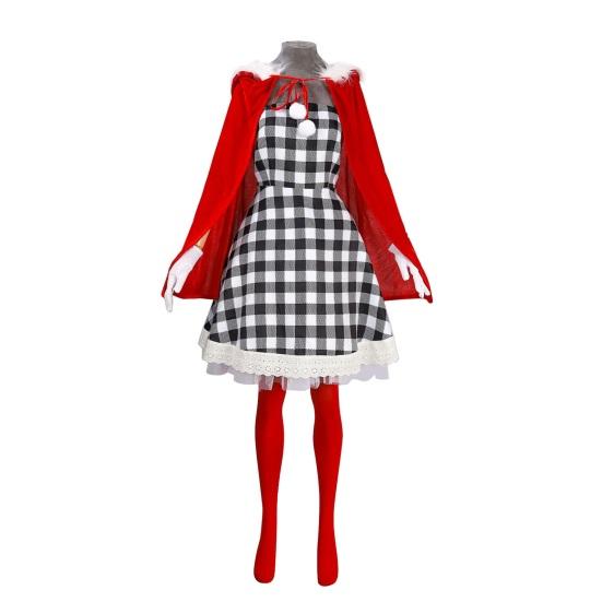 Weihnachtskostüm für Frauen Mädchen Kariertes Kleid mit rotem Samtumhang Strümpfe Handschuhe Set Weihnachtself Cosplay Outfit