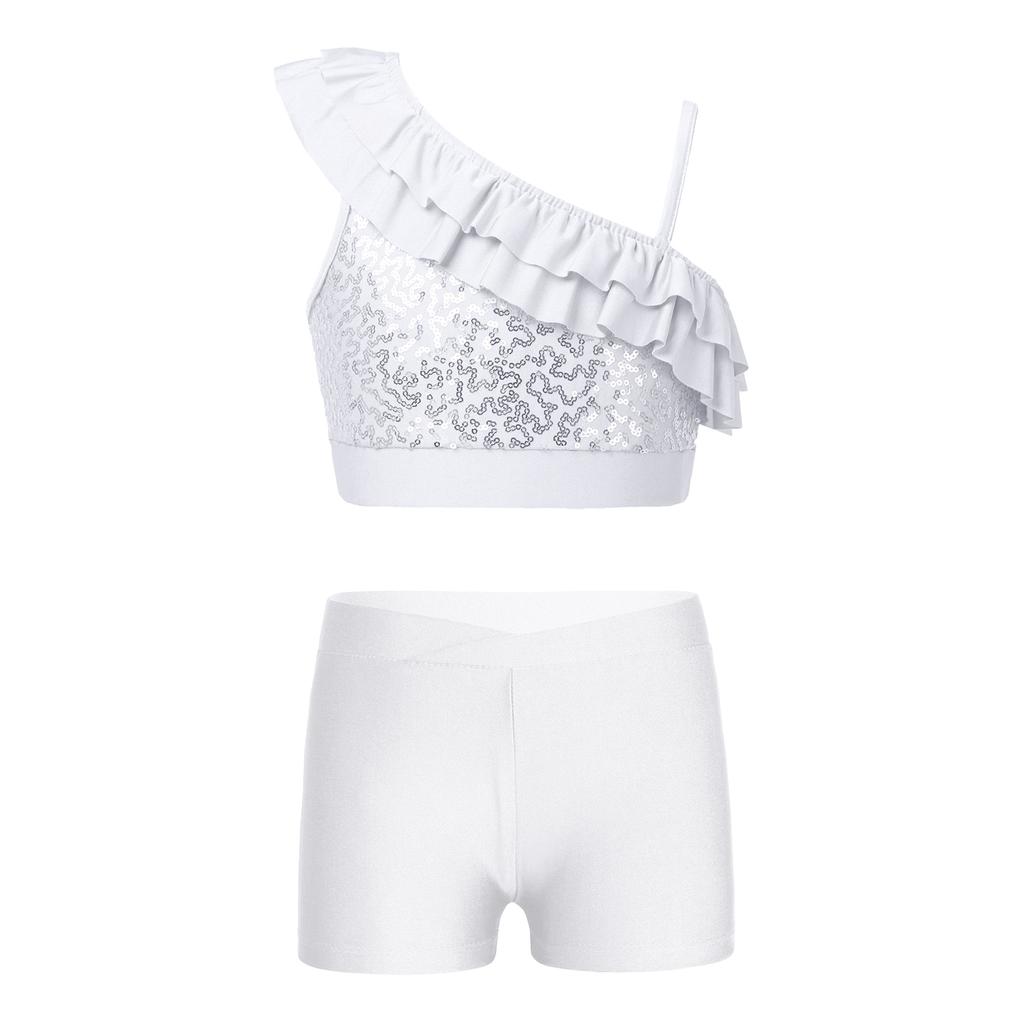 Dívčí Sequin Crop Top Set Asymetrické volánkové ramínka V-výstřih v přední části Pasové šortky Tanec Soutěž