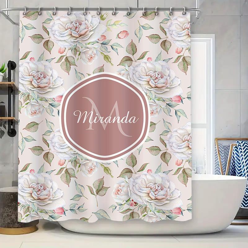 

Watercolor Floral Print Shower Curtain For Bathroom Decor Romantic Pink White Red Blossoms With Monogram Name Moder W60H190(CM)-1 Pcs