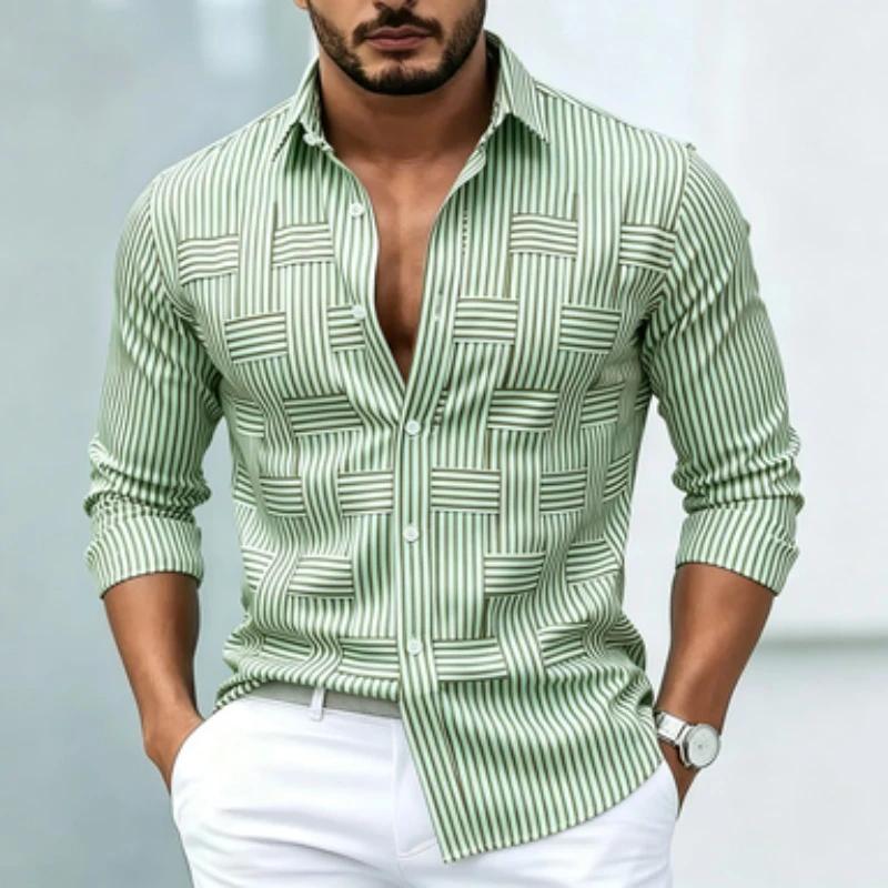 Men's Trendy Striped Woven Pattern Long-Sleeve Button-Up Shirt, Fashionable and Comfortable