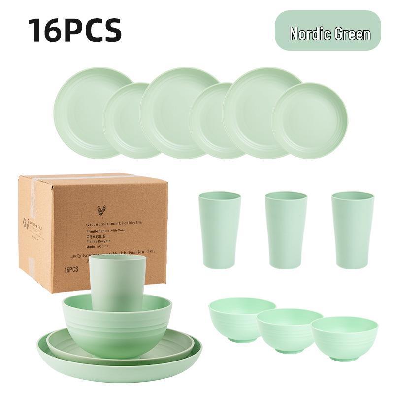 Cross-border Plastic Tableware Set: Plates, Bowls, Cups, Vomit Bowls, 24-Piece for Home Use.