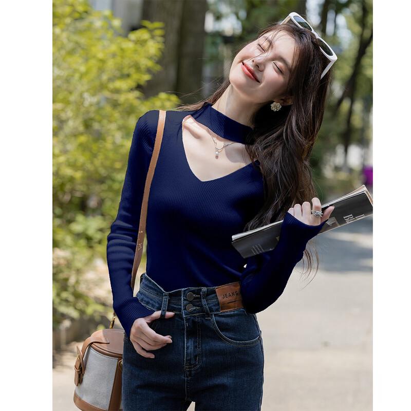 MOKANA Women's Hollow-Out V-Neck Long Sleeve Knit Sweater