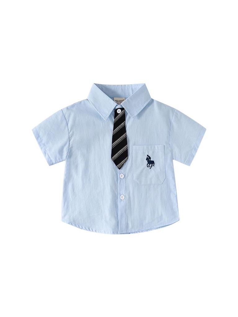2026 Boys' Summer Short Sleeve Embroidered Shirt with Removable Tie