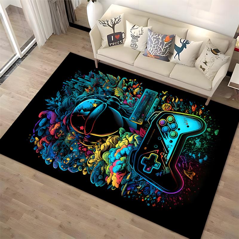 Colorful Gaming Controller Art Carpet with Neon Helmet Design, 3D Style. Suitable for use as an anti-slip for living room bedroom sofas