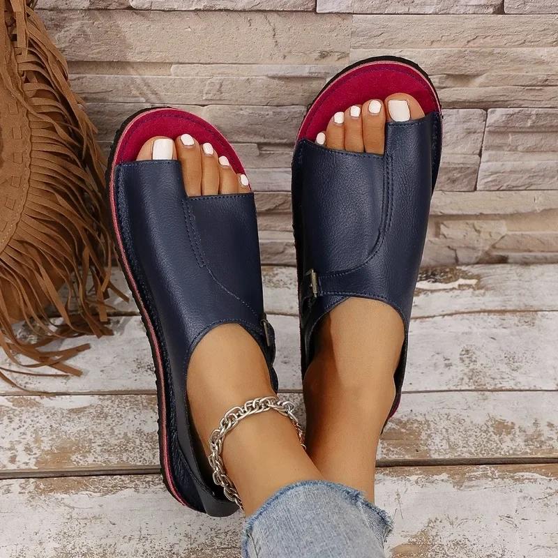 Summer Women's Sandals  New Flat Retro Open Toe DesignerCasual Buckle Foot Fighter Trend Mom Flat Women's Sandals