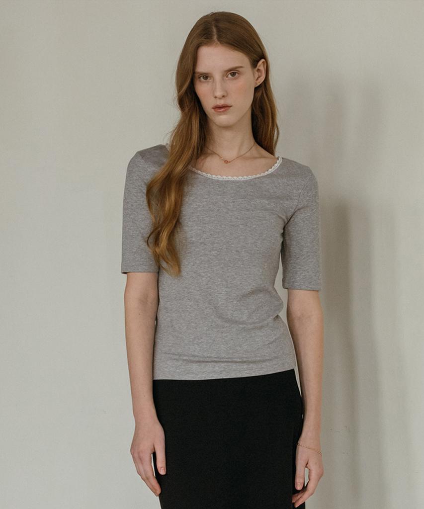 Akitaipeu Ribbed Round Lace T-Shirt_Gray