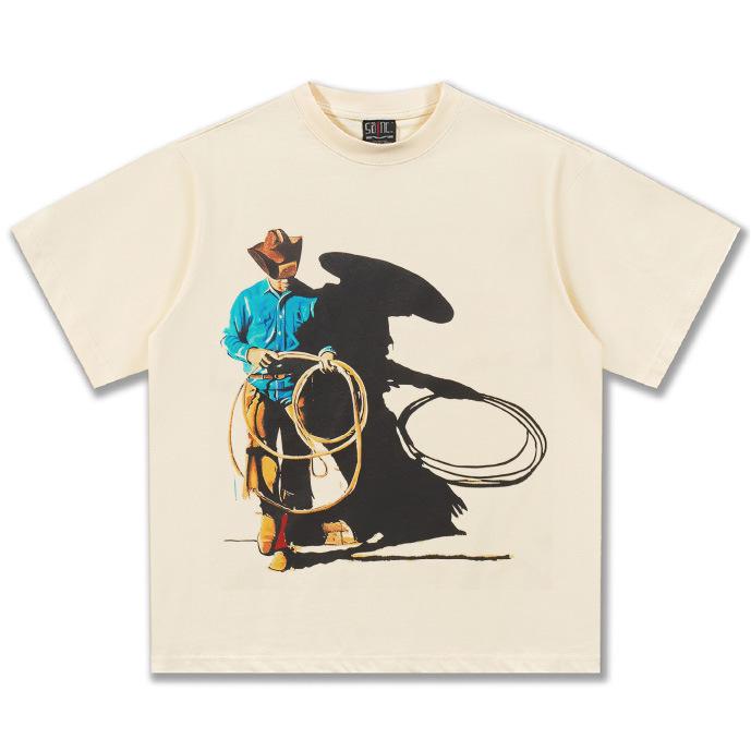 

2025 Ретро Американская Потертая Джинсовая Футболка - Чистый Хлопок Тяжеловес, Короткий Рукав для Мужчин XL