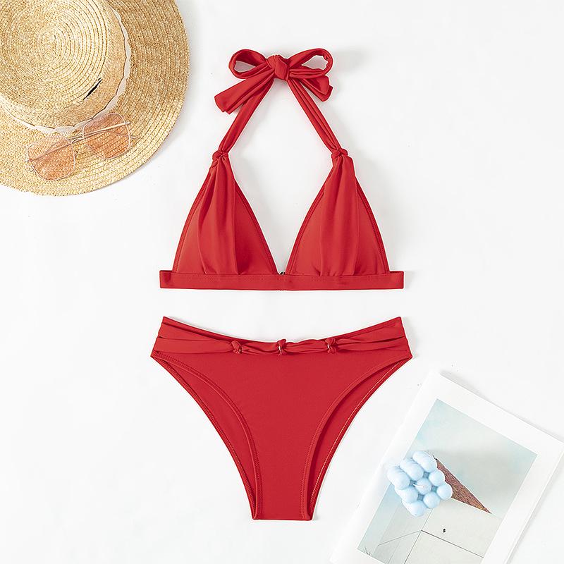 2024 Solid Color Lace-Up Halter Split Bikini Swimwear - Sexy European & American Triangle Beach Swimsuit for Women
