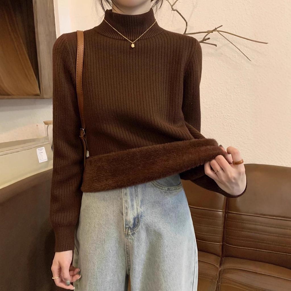 Semi-turtleneck Sweater Women's Autumn and Winter New Winter Thickened Integrated Fleece Bottoming Shirt with Slim-fit Warm Top