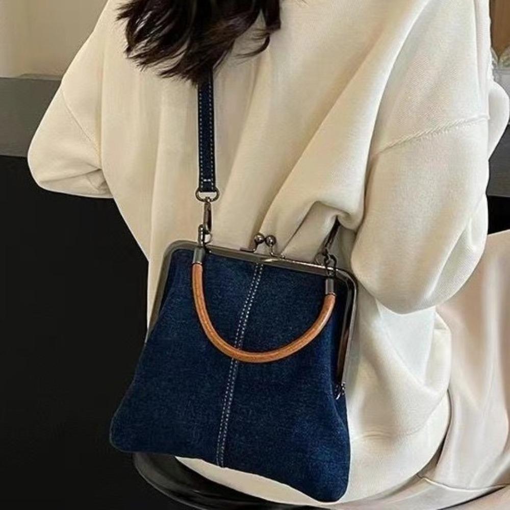 Portable Vintage Style Women Handbag Versatile Navy Blue Designer Shoulder Bag Lady‘s Denim Purses Fashionable Crossbody Bags