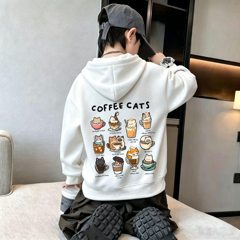 Y2K Kids Hoodie Sweatshirt Autumn Winter Cute Cartoon Coffee Cats Graphic Print Casual Loose Long Sleeve Tops
