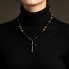 Natural Tiger Eye Rosary Necklace, Handmade Beaded Chain with Stone Cross Pendant Unisex Casual Fashion Jewelry