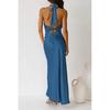 2023 Cross-Border Women's Solid Color Satin Halter Backless Slit Midi Evening Dress