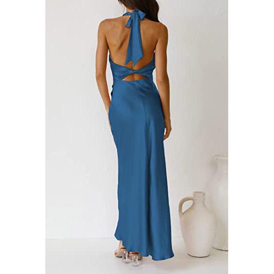 2023 Cross-Border Women's Solid Color Satin Halter Backless Slit Midi Evening Dress