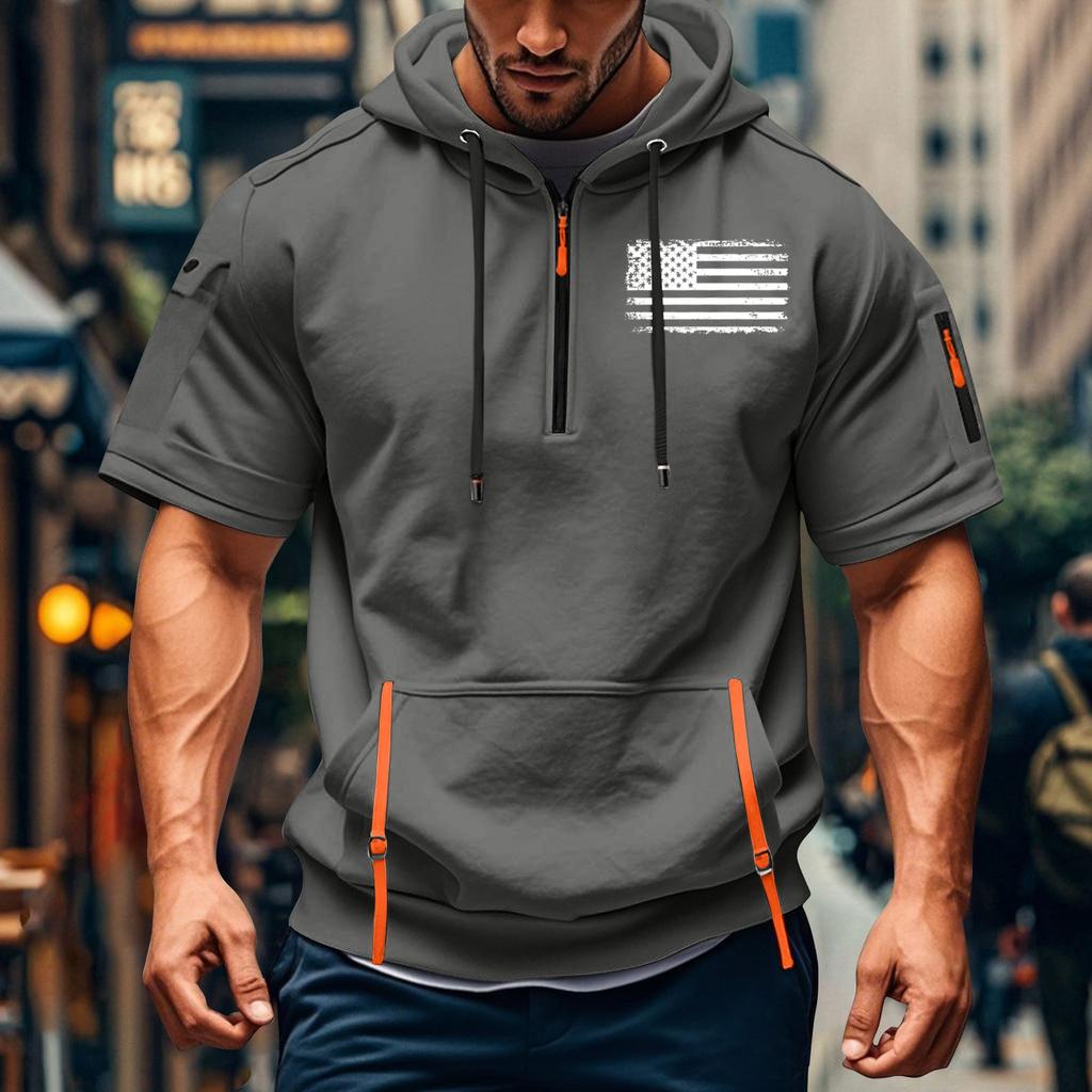 Men's Summer Shirt Print Zipper Pocket Short Sleeve Hooded Sweatshirt Men's Sports Large Size Casual Sweatshirt