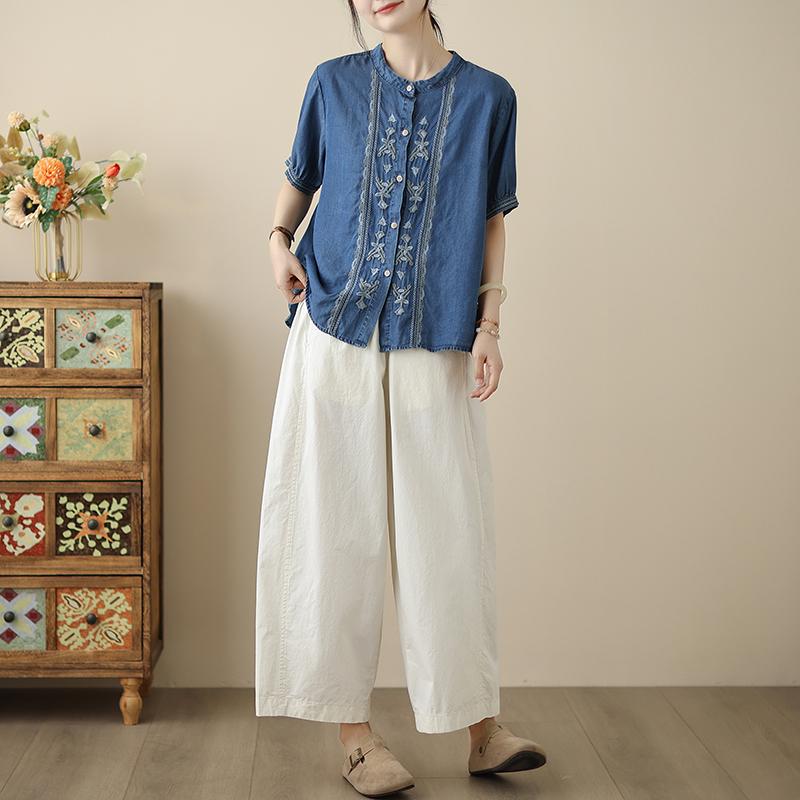 Dimanaf 2025 Summer Plus Size Women T-Shirts Denim Short Sleeve Vintage Tops Tees Loose Casual Shirt