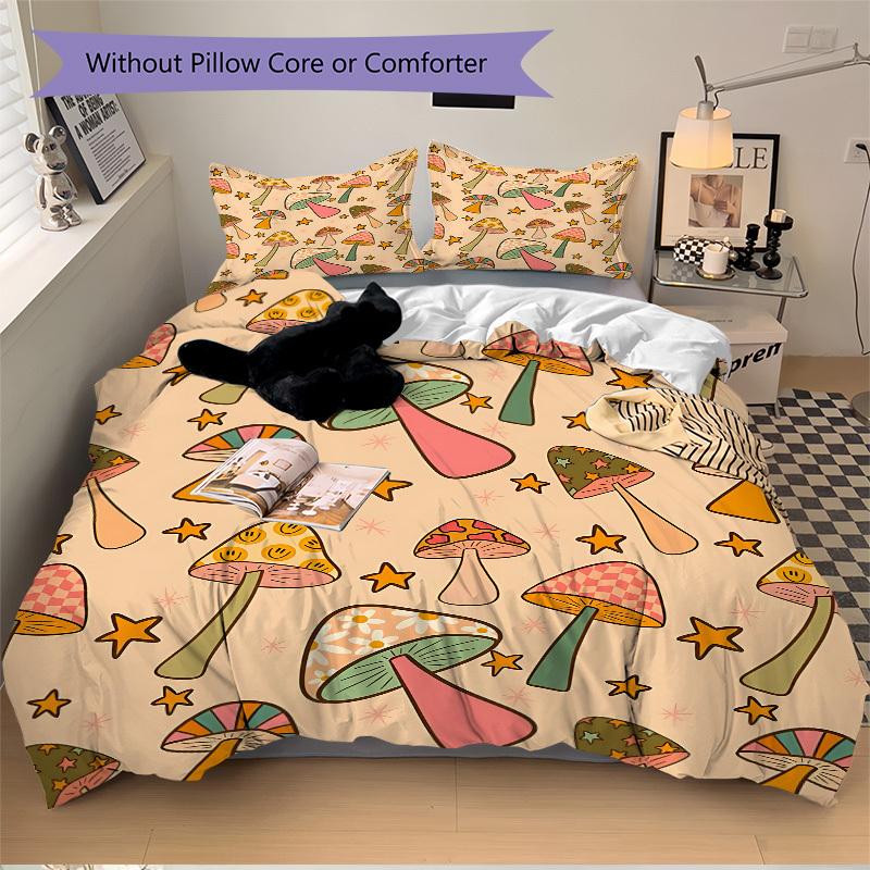 3pcs Mushroom Star Bedding Set, Includes Without Pillow Inserts, Soft Comfortable Bedding Set,All-Season Use A0924031
