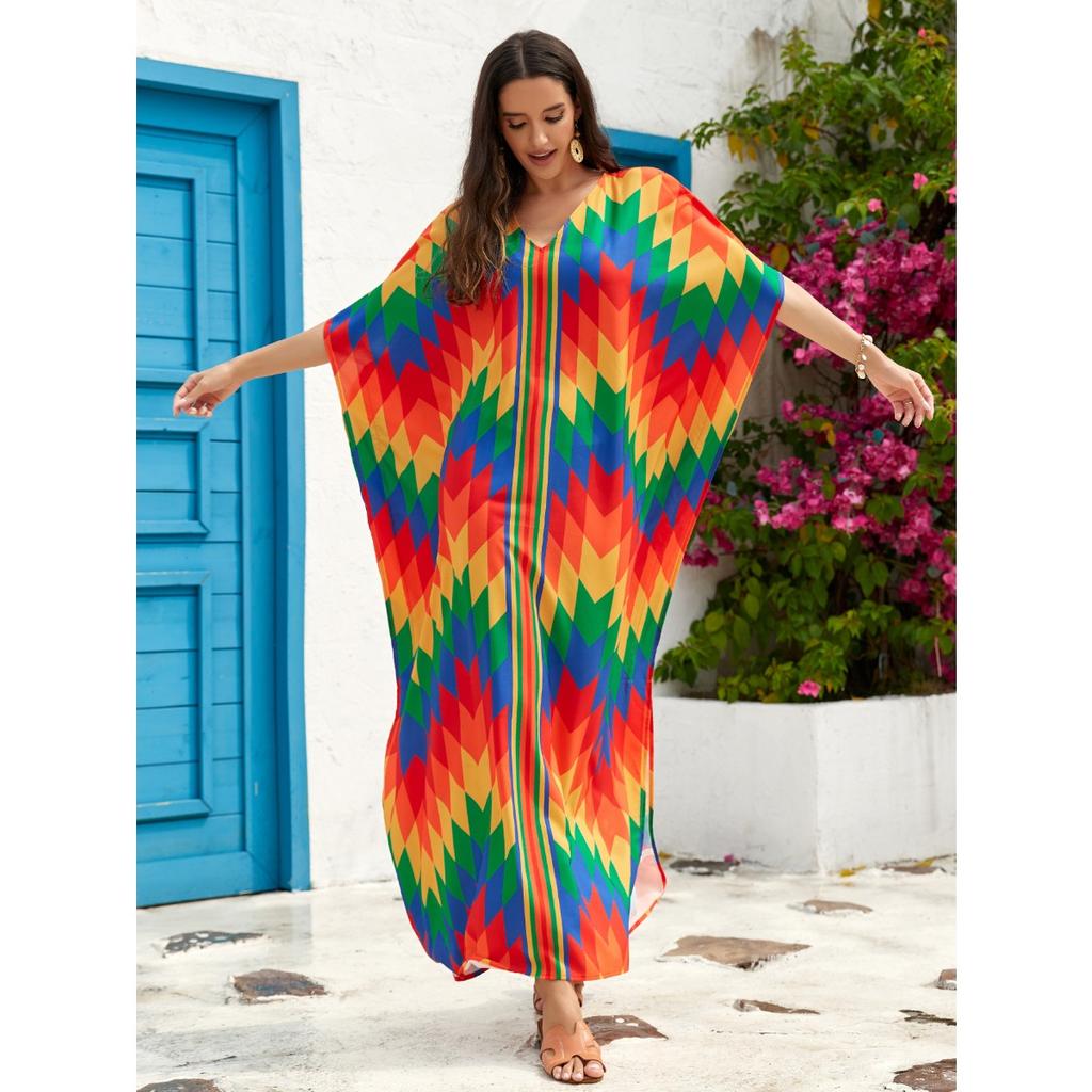 7-Color Cross-border Large Size V-neck Dress Beach Blouse Loose Vacation Dress Bikini Blouse 3897