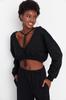 Women's Fashion Black Thick Fleece Hooded V-Neck Relaxed Cut Crop Knitted Sweatshirt