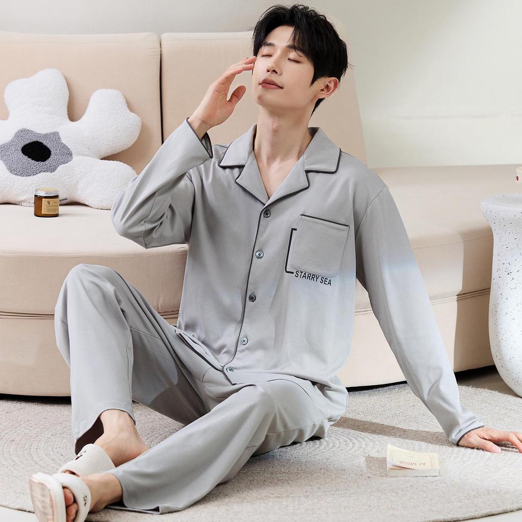 Herren Frühling/Herbst Baumwoll-Pyjama-Set - Langarm-Cardigan & Hose, Outdoor-tauglich