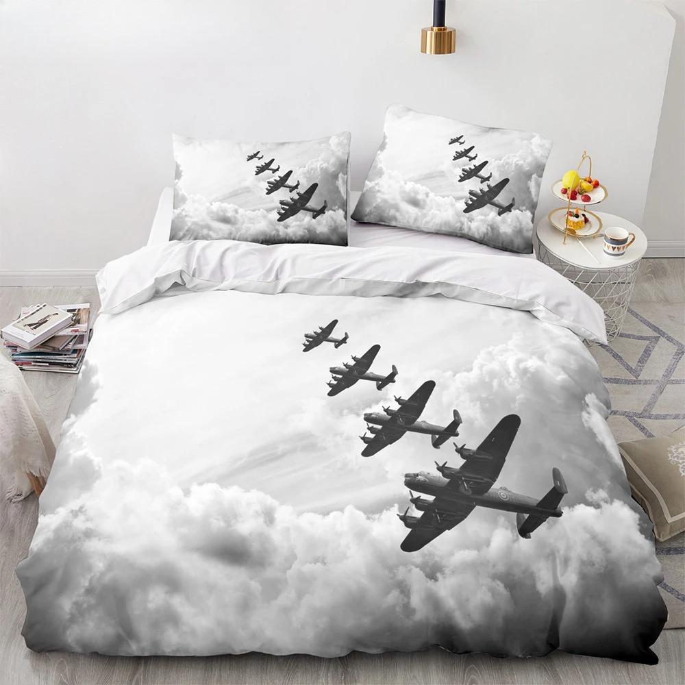 Airplane King Queen Full Duvet Cover Vintage Fighter Bedding Set for Kids Teens Adults Sky Clouds Grey 2/3pcs Soft Quilt Cover