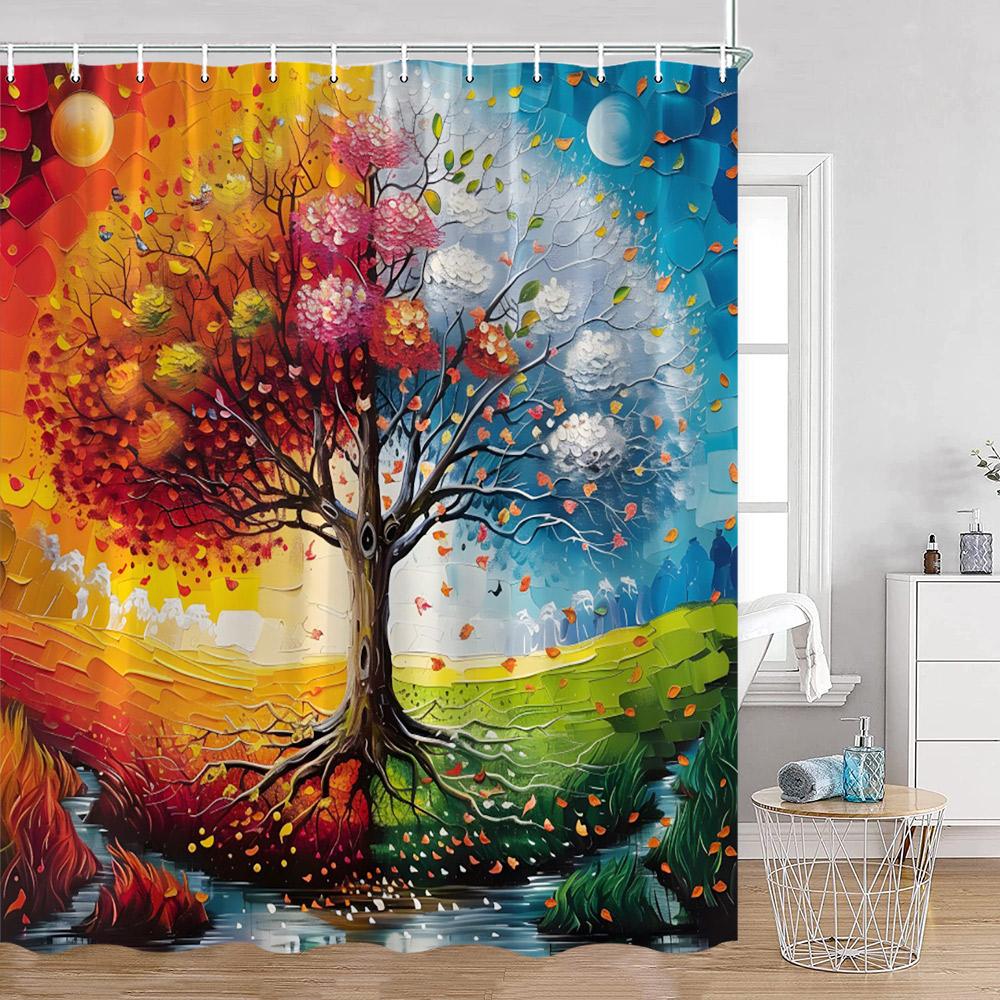 Jahreszeiten Baum Ölgemälde Duschvorhänge Fantasy Baum Wald Bunt Aquarell Blätter Badezimmervorhang Polyester Badezimmerdeko