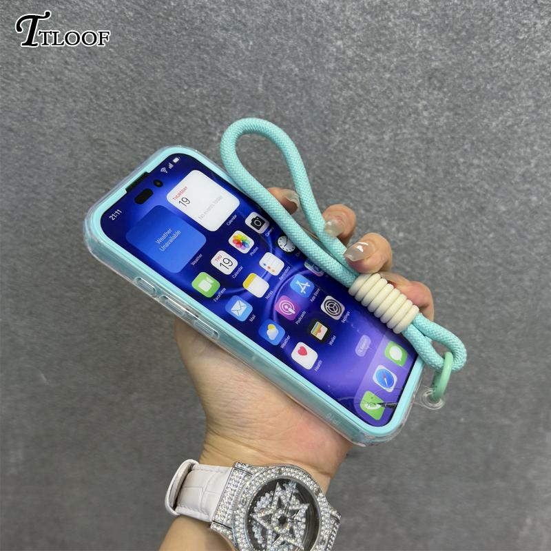 2in1 Clear With Wrist Strap lanyard Phone Case For iPhone 11 12 13 14 15 16 Pro Max Plus Shockproof Bumber Soft TPU Cover