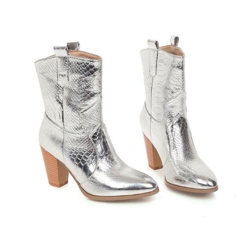 Goldfarbene Stiefeletten mit Schlangenmuster für Damen Keilabsatz Hohe Absätze Stiefel Frau Klobige Absätze Botas Damen Westernstiefel Große Größe 34-46