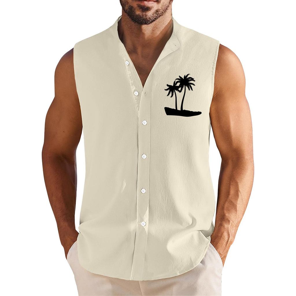 Men's Summer Casual Fashion Hawaiian Printed Sleeveless Button-Down Shirt